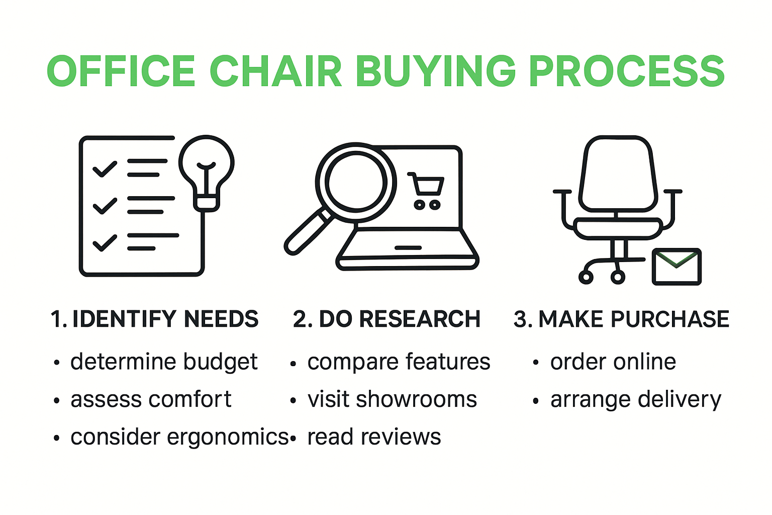 Step-by-step office chair selection process infographic
