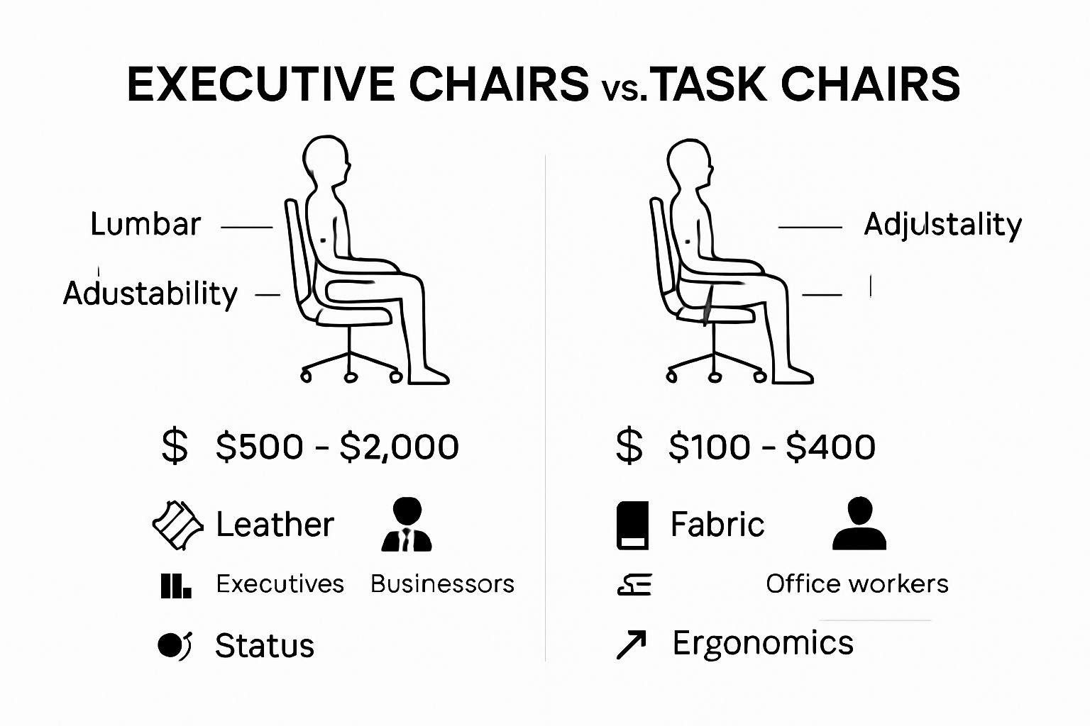 Comparison infographic showing executive and task chair features