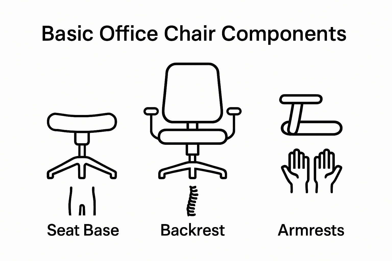 Infographic showing labeled seat base, backrest, and armrests with user support areas.