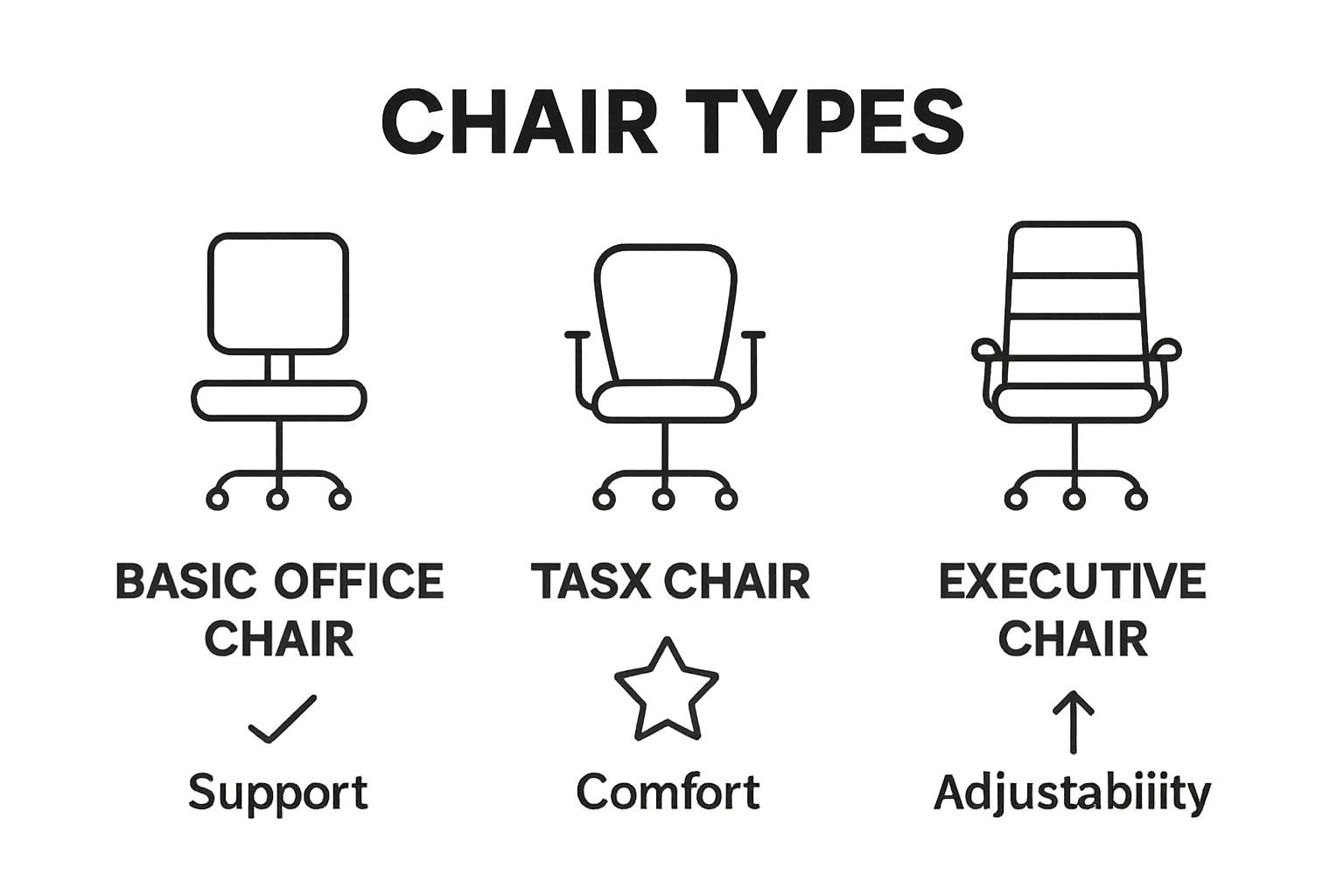 Infographic comparing office, task, and executive chairs by support and comfort