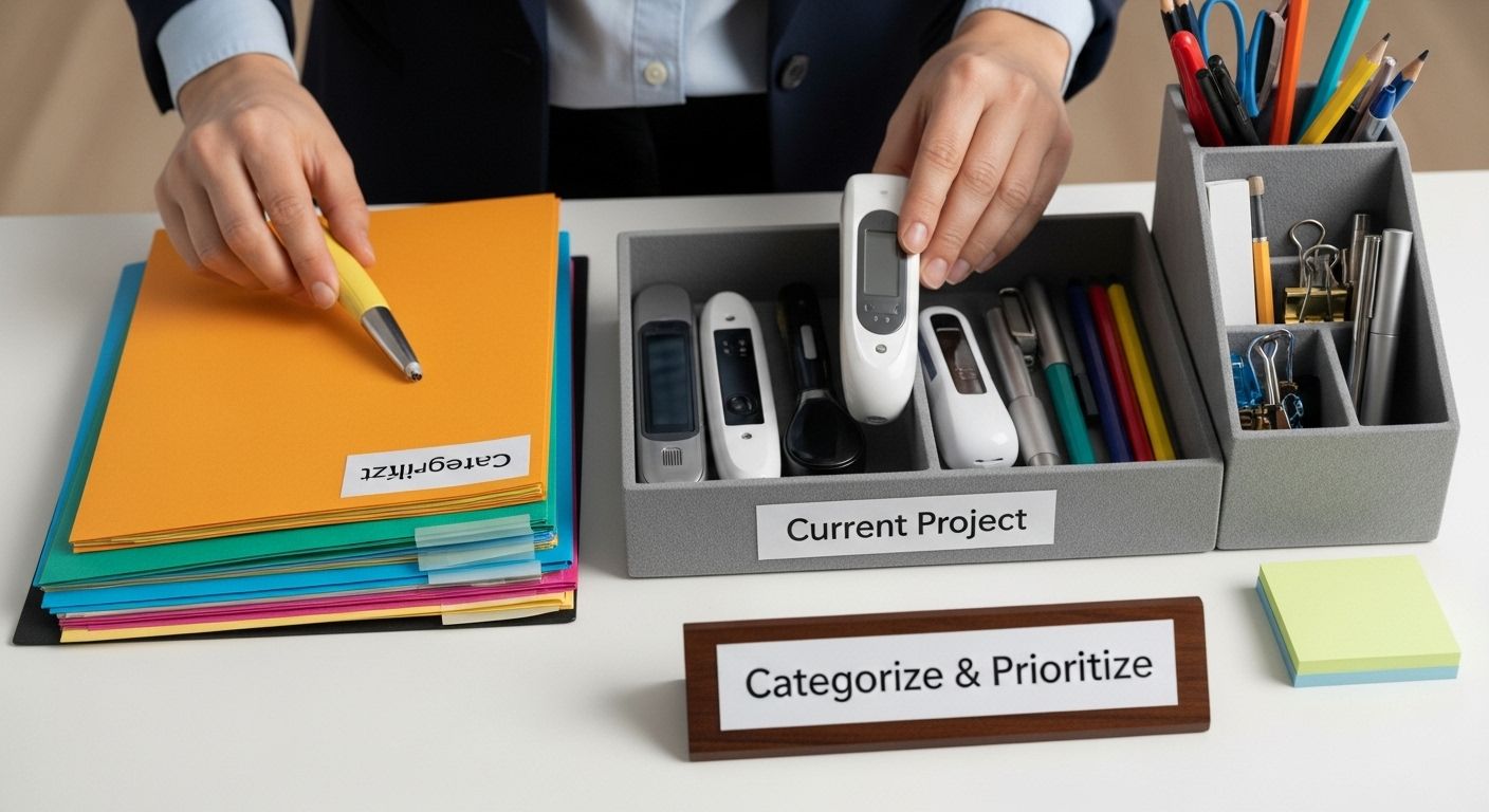 categorize desk supplies organization