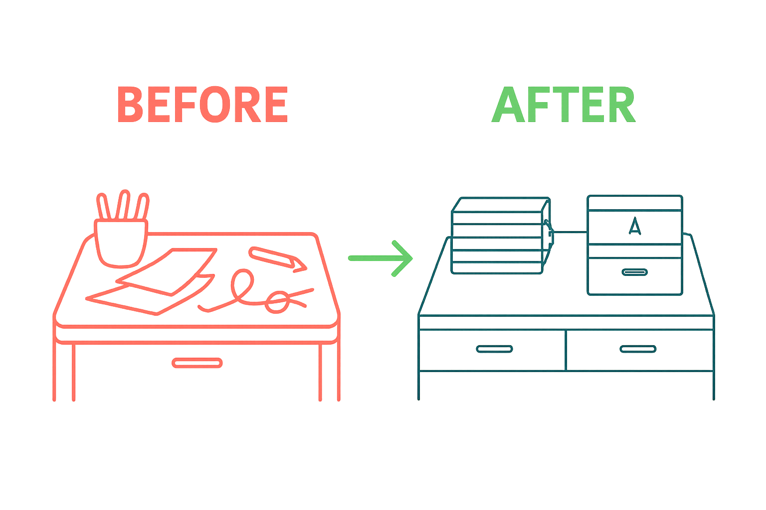 Infographic showing messy vs organized desk transformation
