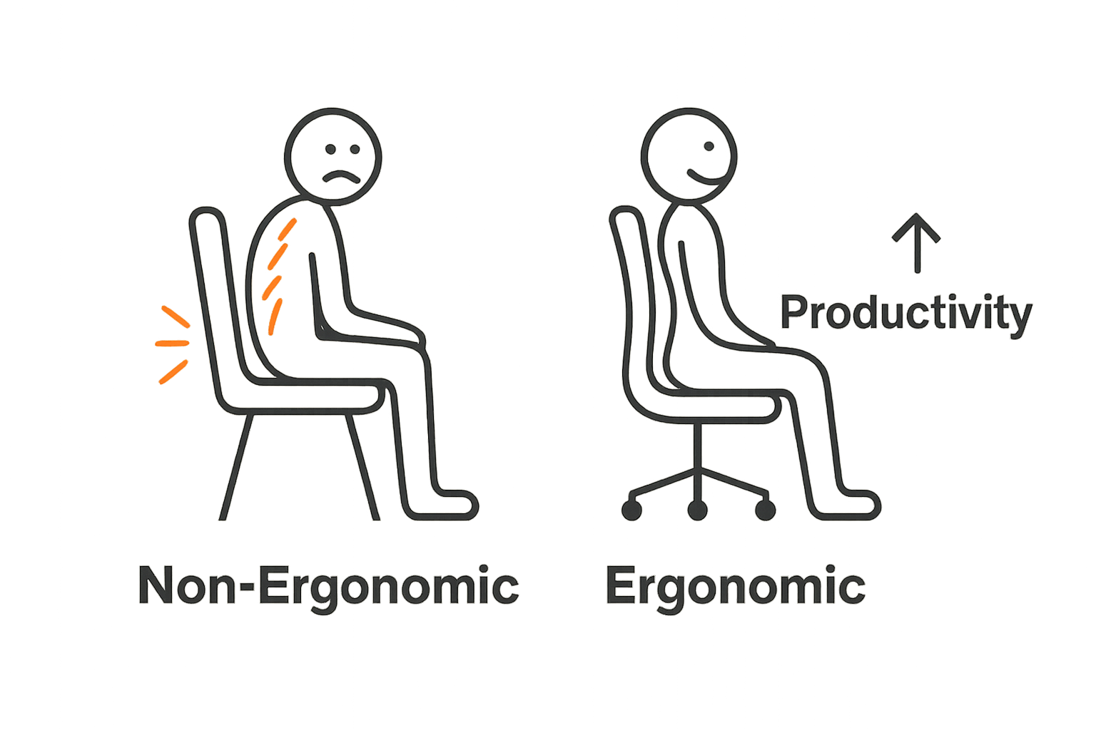 Infographic comparing ergonomic and non-ergonomic office chairs for comfort and productivity