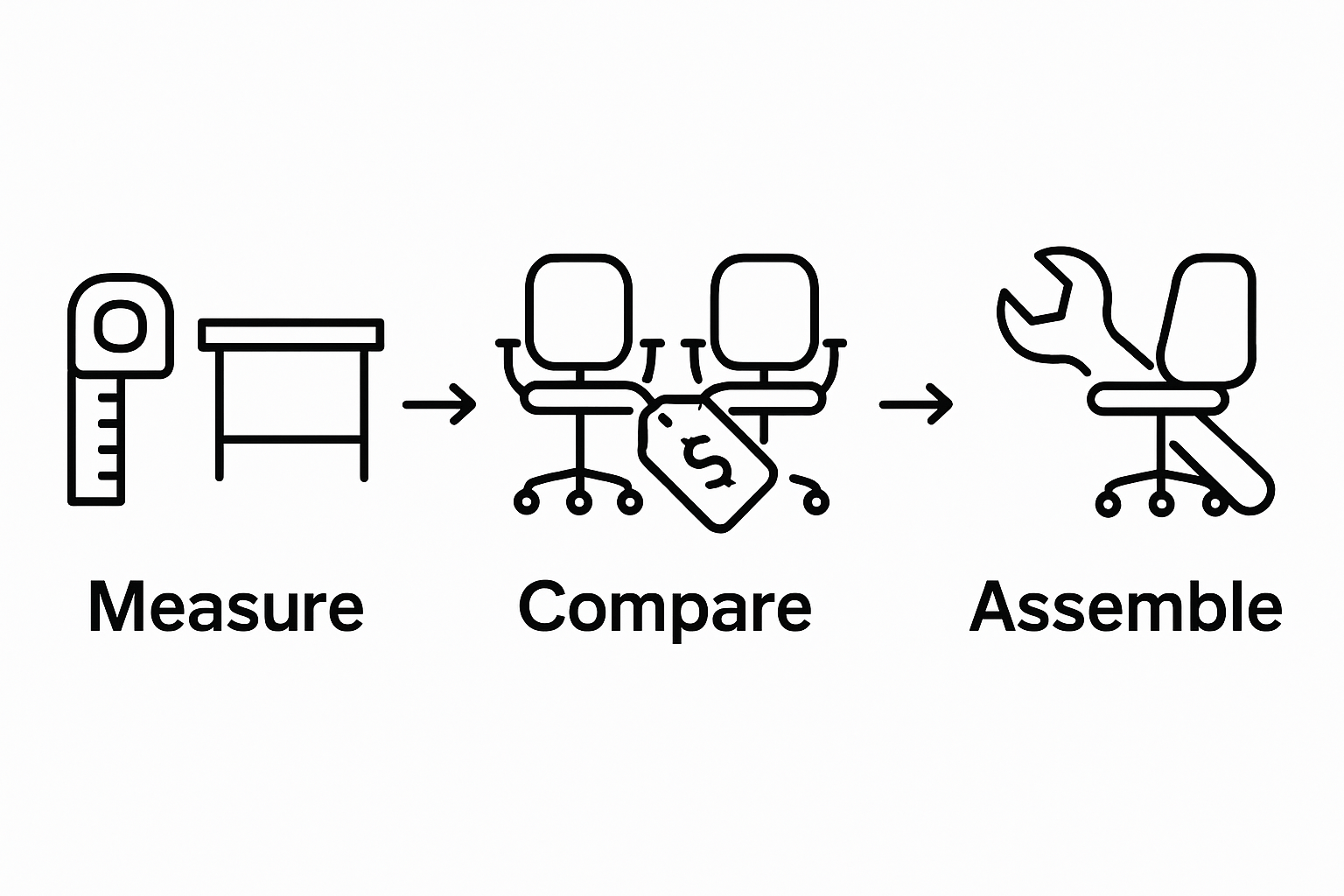 Three-step guide to selecting budget-friendly office seating, using icons for measuring, comparing, and assembling