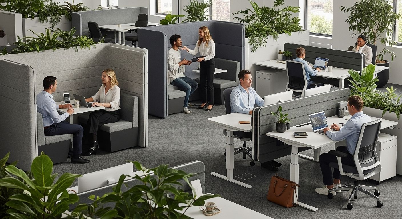 hybrid office furniture trends, modern workspace, collaborative office