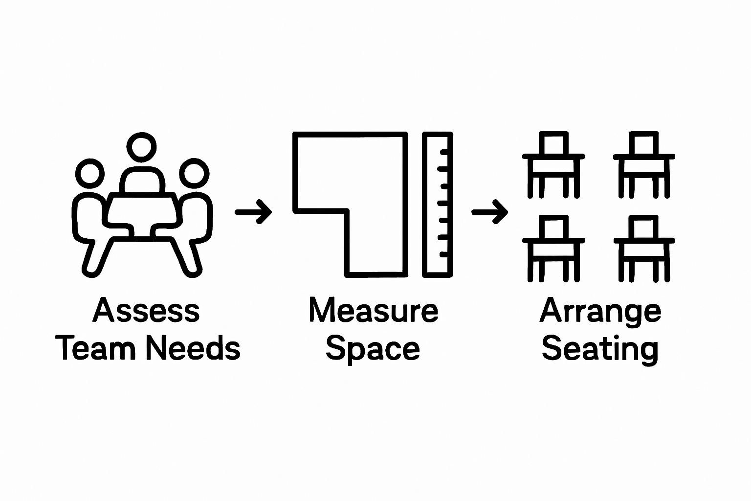 Infographic illustrating three steps: assess needs, measure space, arrange seating