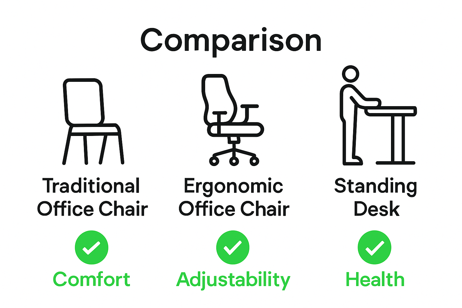 Comparison of traditional chair, ergonomic chair, and standing desk benefits