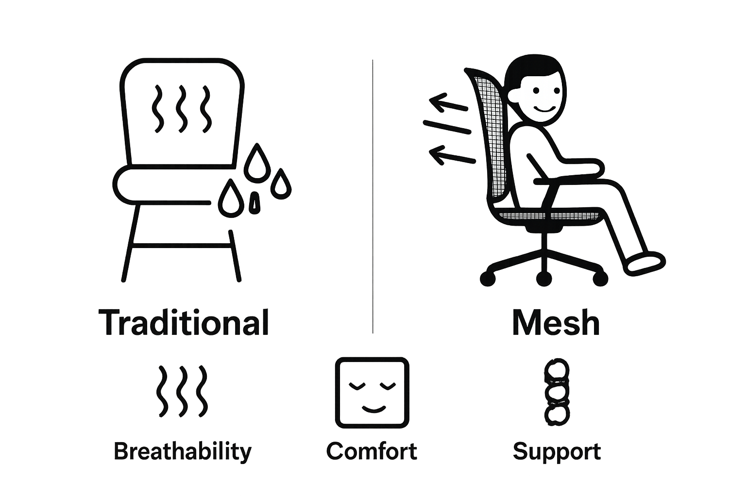 Infographic comparing mesh seating vs traditional chairs for breathability, comfort, and support