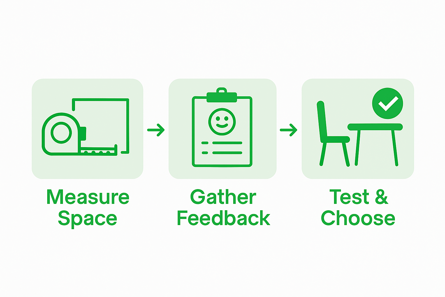Three steps to choose staffroom furniture: measure space, gather staff needs, test options.