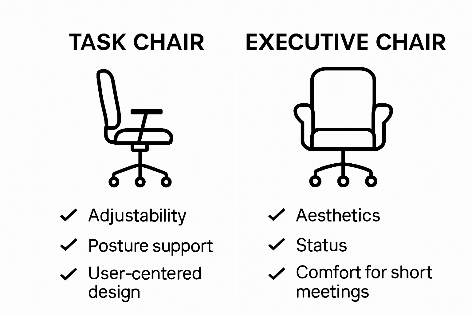 Infographic visually comparing task chairs and executive chairs by features and use cases