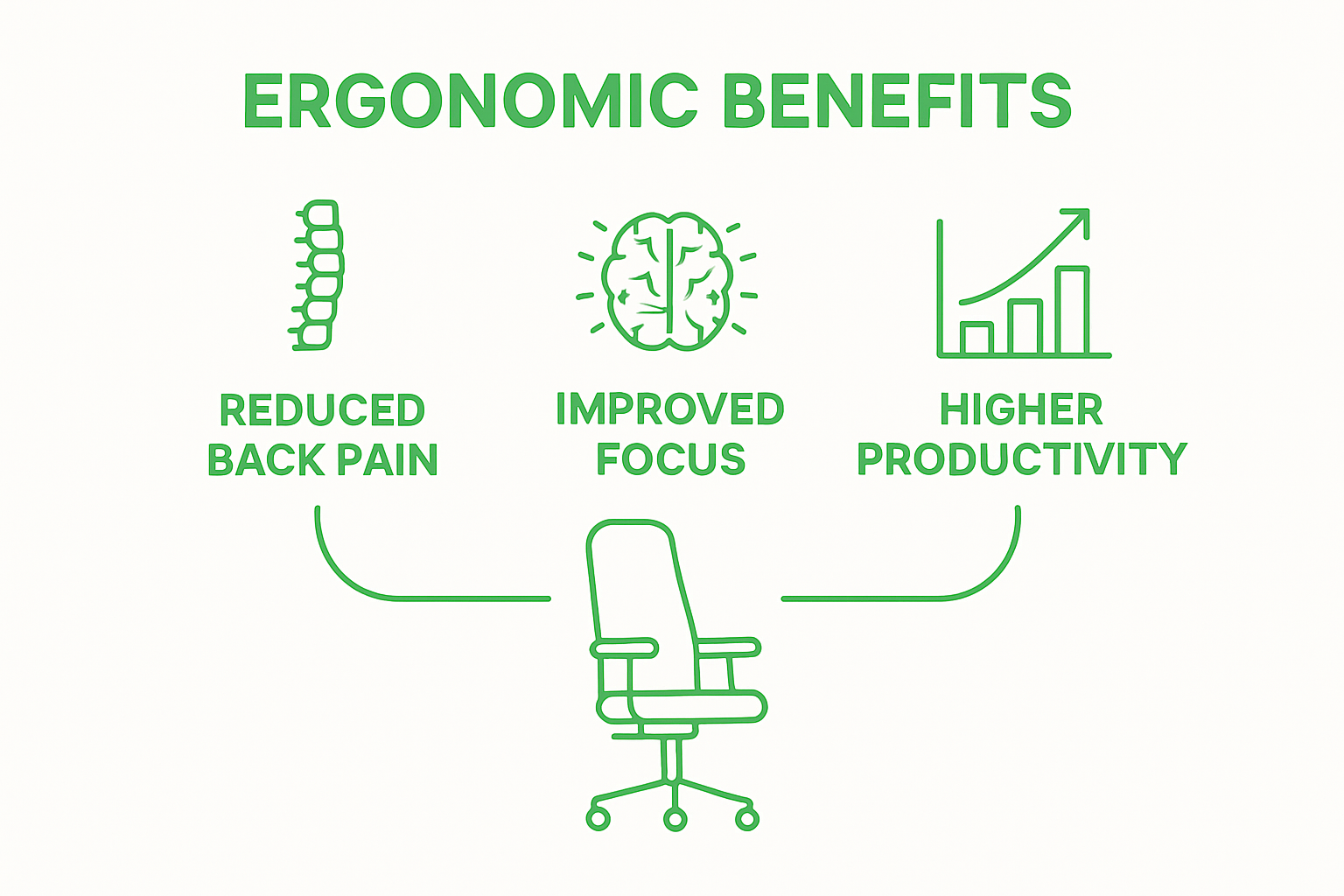 Infographic showing reduced back pain, increased focus, higher productivity benefits