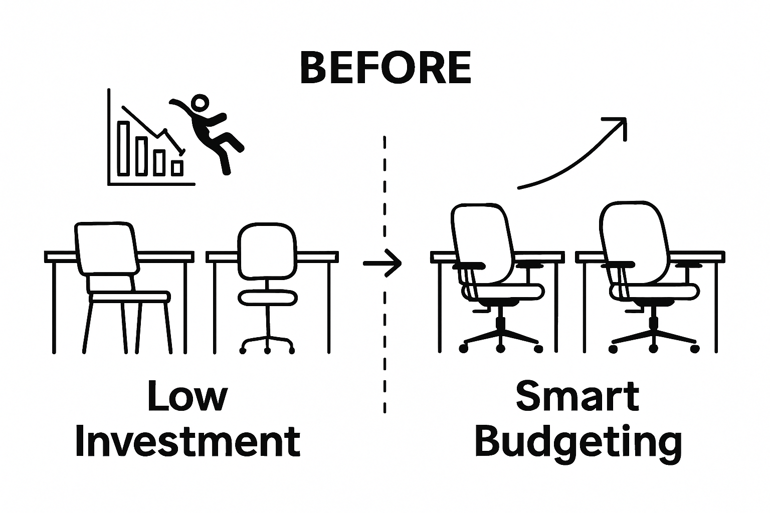 Before and after office spaces illustrating effective budgeting and quality furniture.