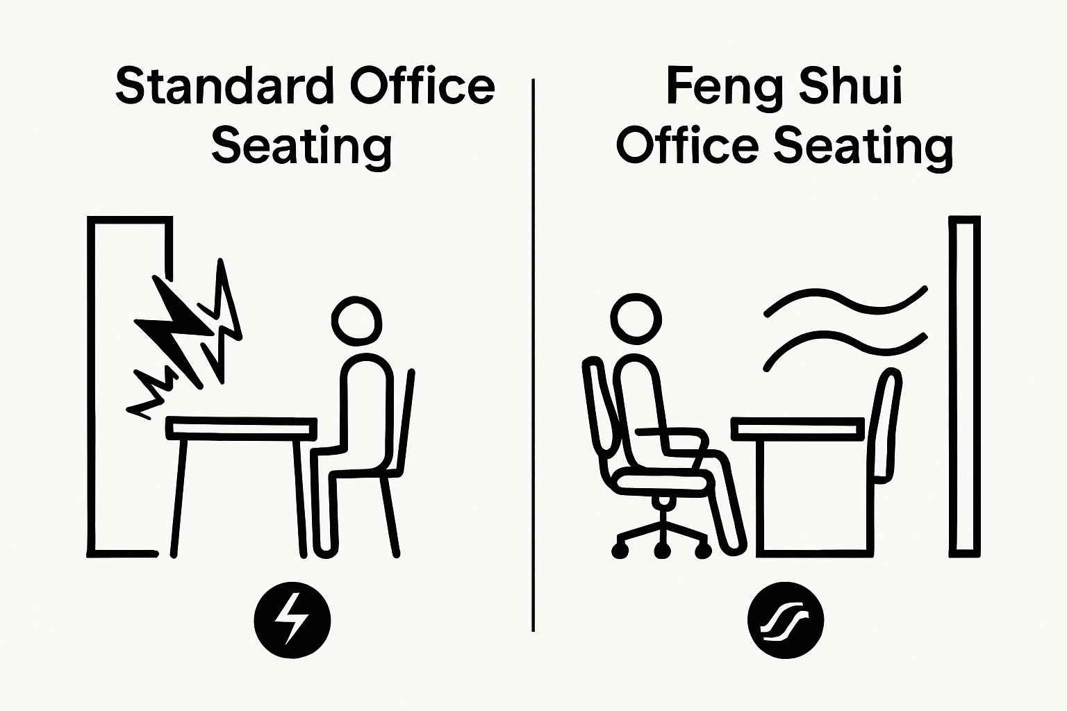 Side-by-side visual compares standard office seating with Feng Shui placement and energy flow