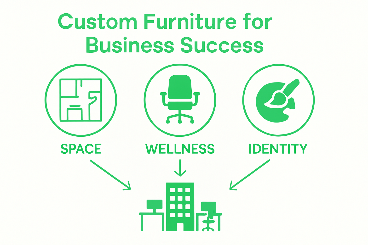 Diagram showing space adaptation, ergonomic comfort, and brand identity as custom furniture benefits