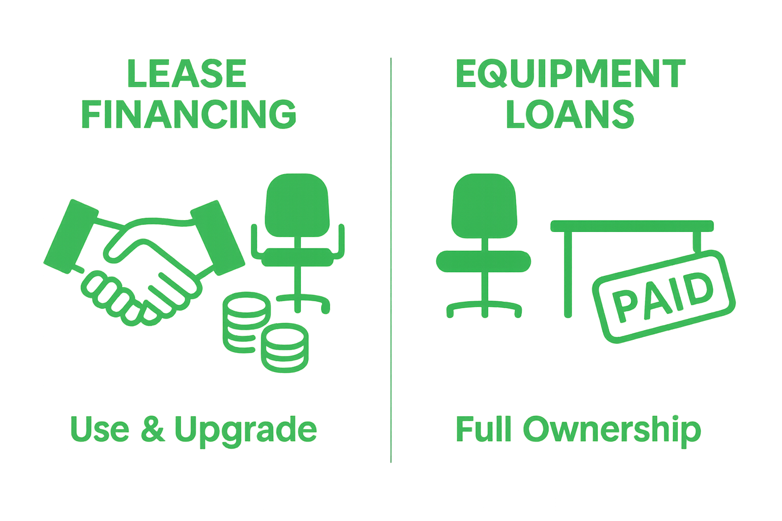 Infographic comparing lease financing and equipment loans for furniture