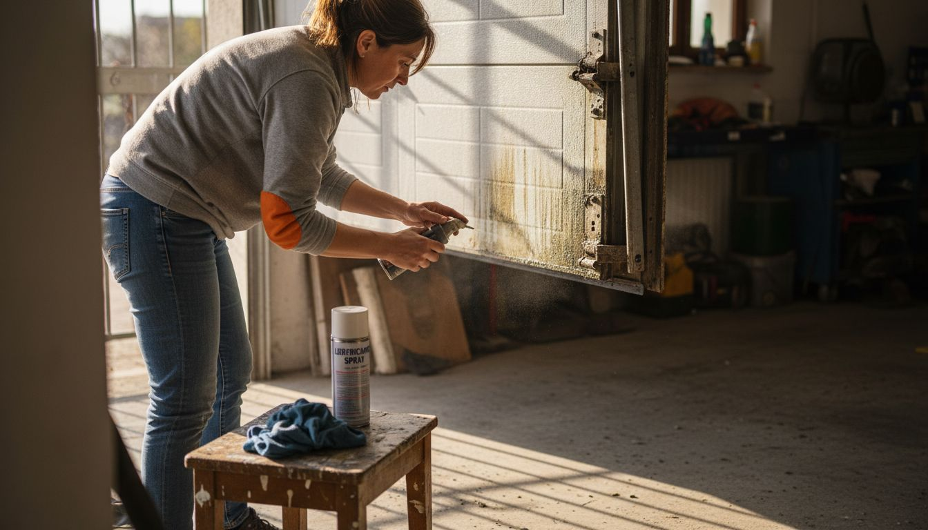 Una donna sta oliando le cerniere della porta basculante per farla scorrere meglio.