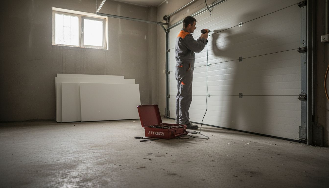 Un tecnico sta installando un isolamento su misura sulla porta del garage per migliorare l’efficienza energetica e il comfort degli ambienti.
