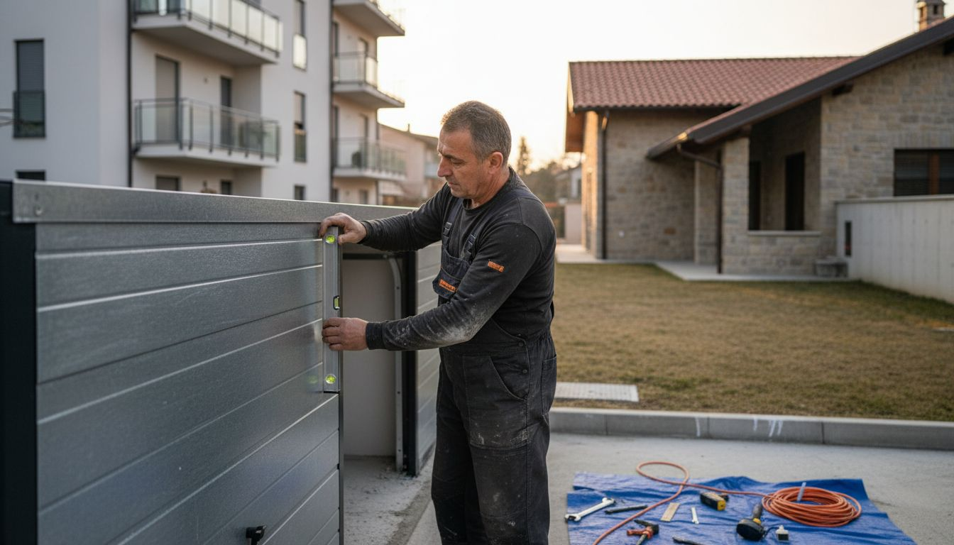 Portone sezionale installato nel cortile di una casa, mentre un operaio è al lavoro