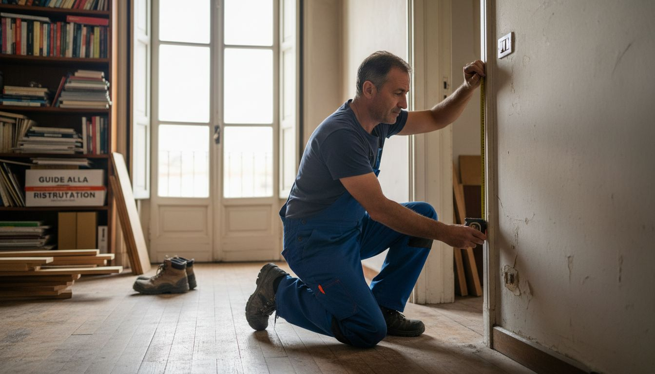 Un tecnico sta prendendo le misure del vano porta per installare una porta su misura.