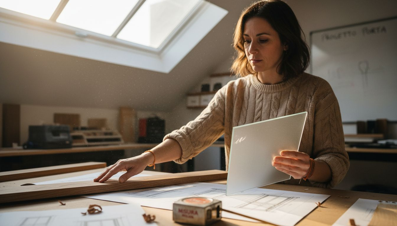Un designer alle prese con la scelta tra campioni di legno e vetro, valutando attentamente materiali e finiture per trovare l’abbinamento perfetto.