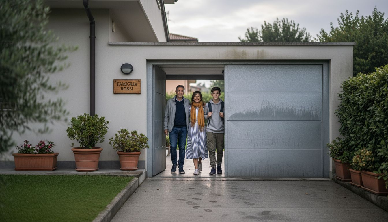Famiglia davanti a una porta da garage moderna ed ecologica