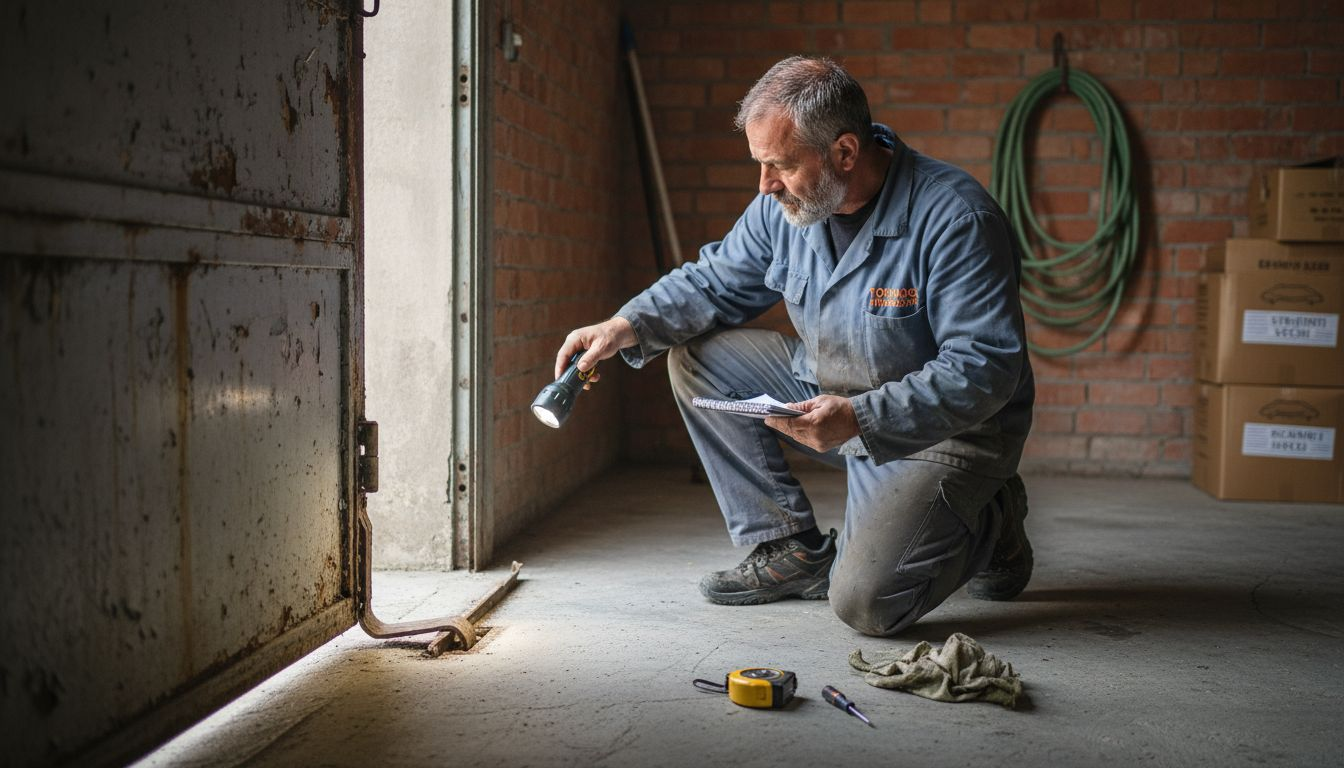 Un tecnico controlla il meccanismo della vecchia porta del garage per verificarne il corretto funzionamento.
