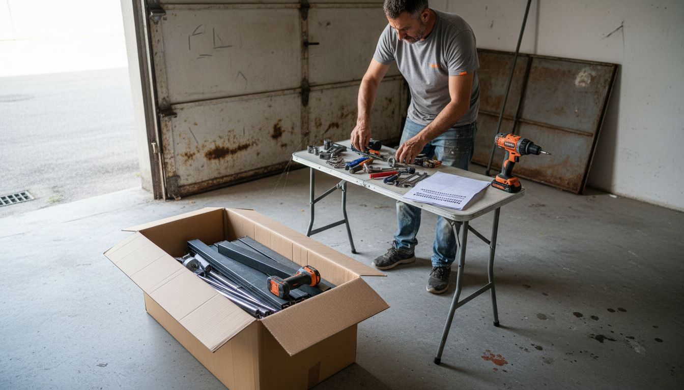 Un uomo prepara lo spazio di lavoro per montare il garage.