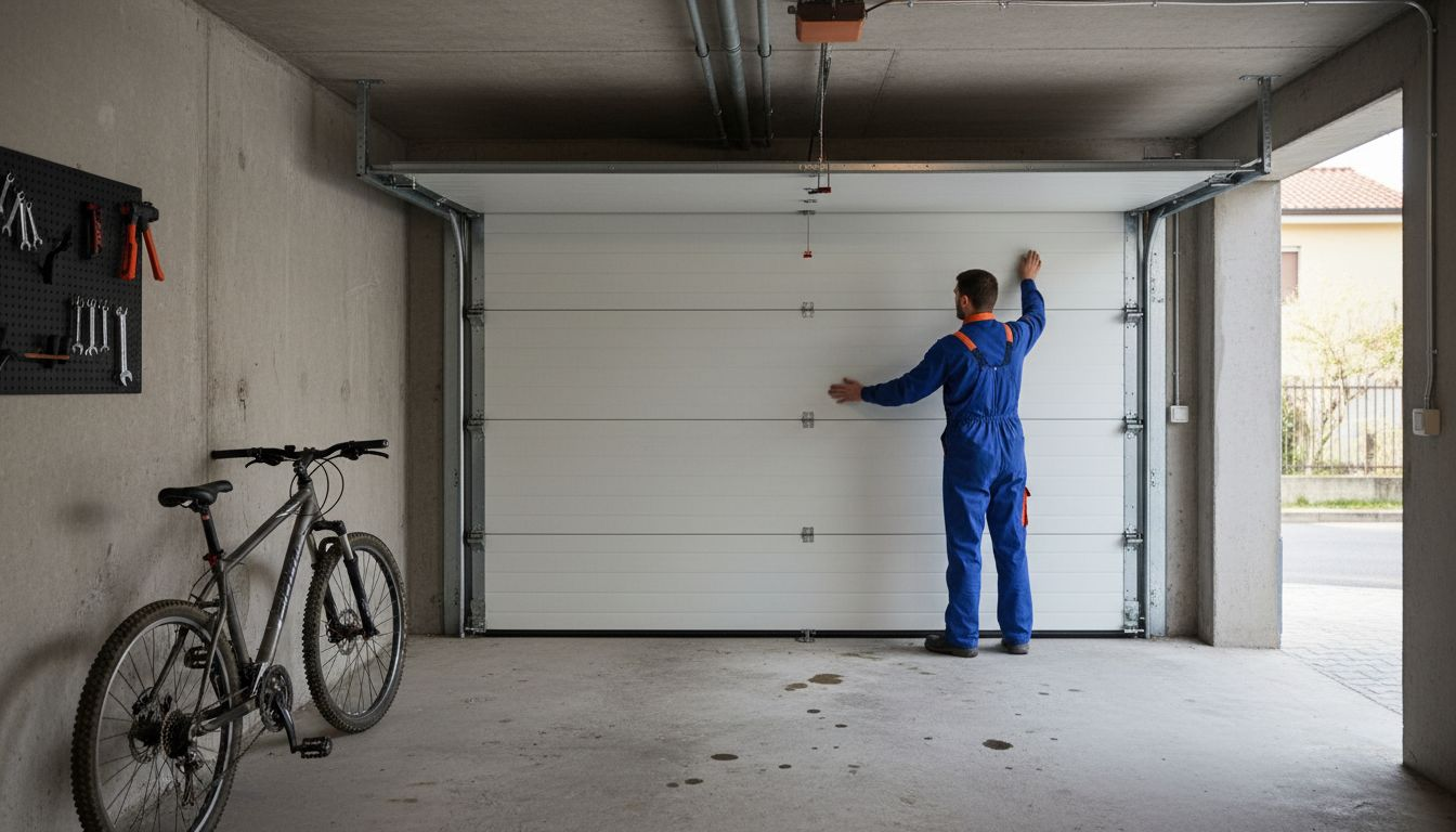 Un tecnico sta aprendo la porta sezionale del garage di una casa.