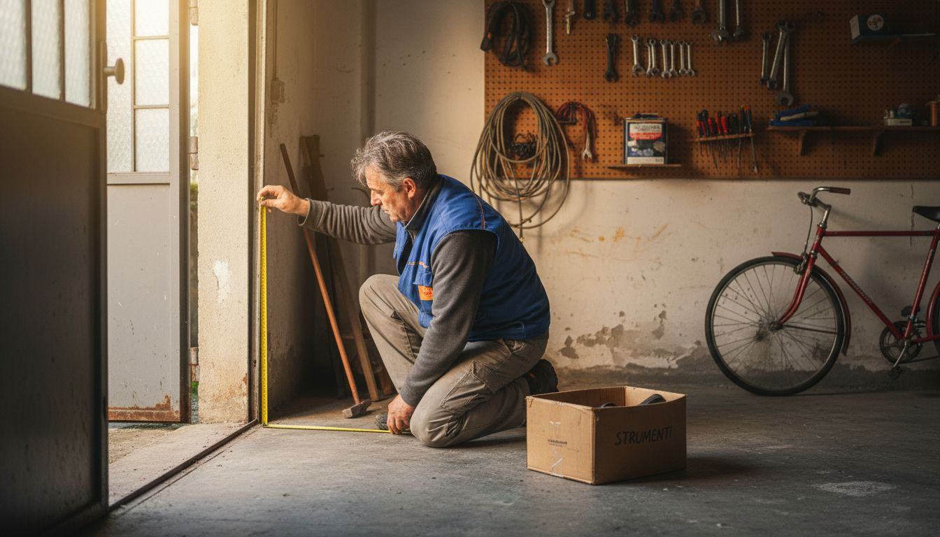 Uomo che prende le misure per il montaggio di una nuova porta del garage