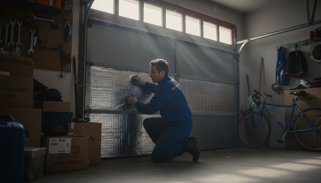 Un uomo sta applicando il materiale isolante sulla porta del garage.