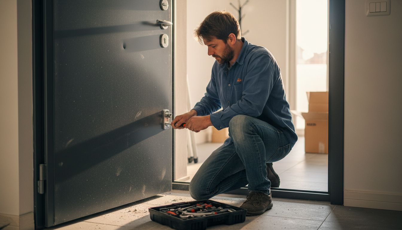 Un uomo verifica la sicurezza della porta d’ingresso blindata nella sua abitazione.