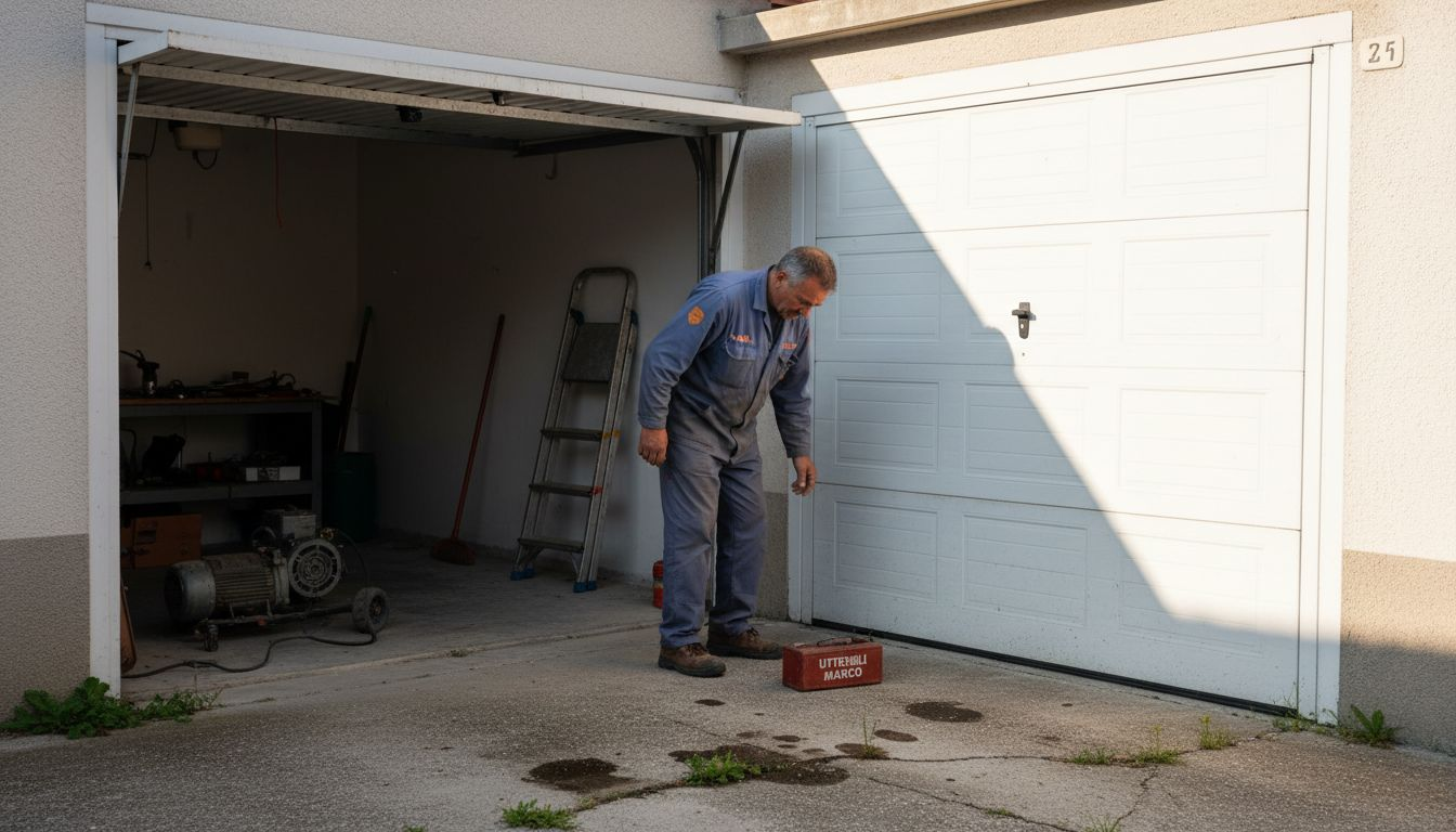 Un tecnico sta verificando il corretto funzionamento della nuova porta del garage, direttamente nel vialetto di casa.
