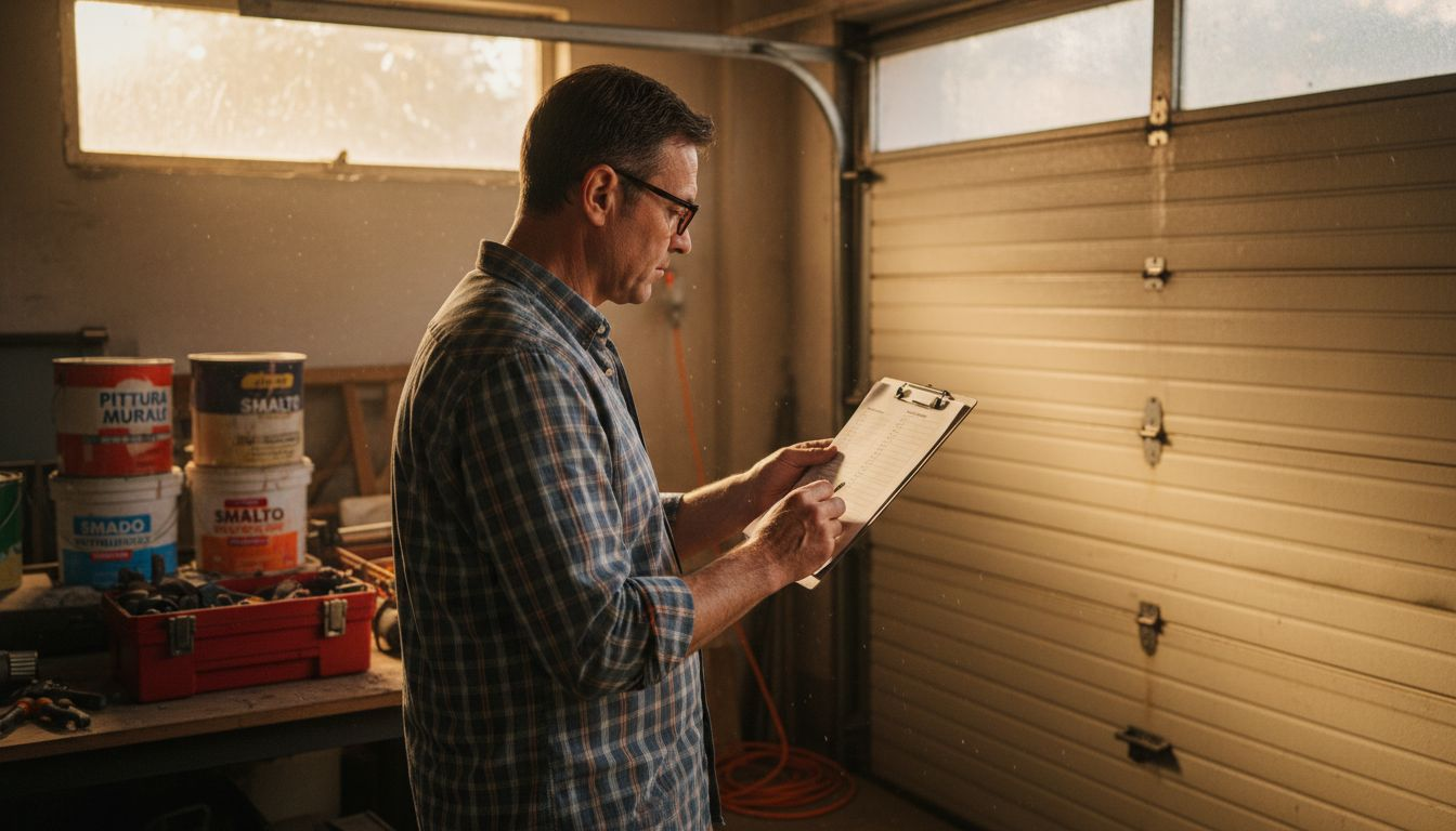 Un ispettore controlla la lista dei requisiti di conformità per la porta del garage.