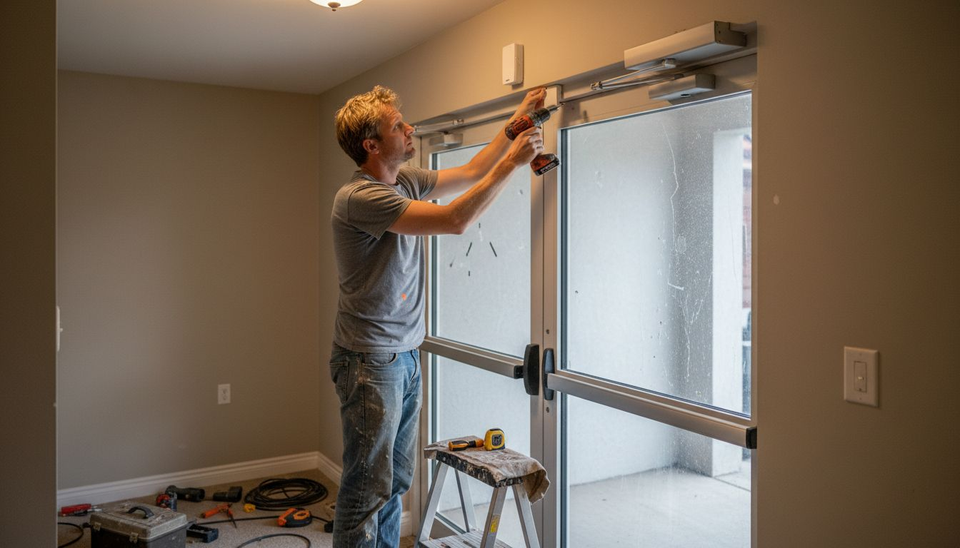 Un tecnico sta montando un sensore su una porta automatica.