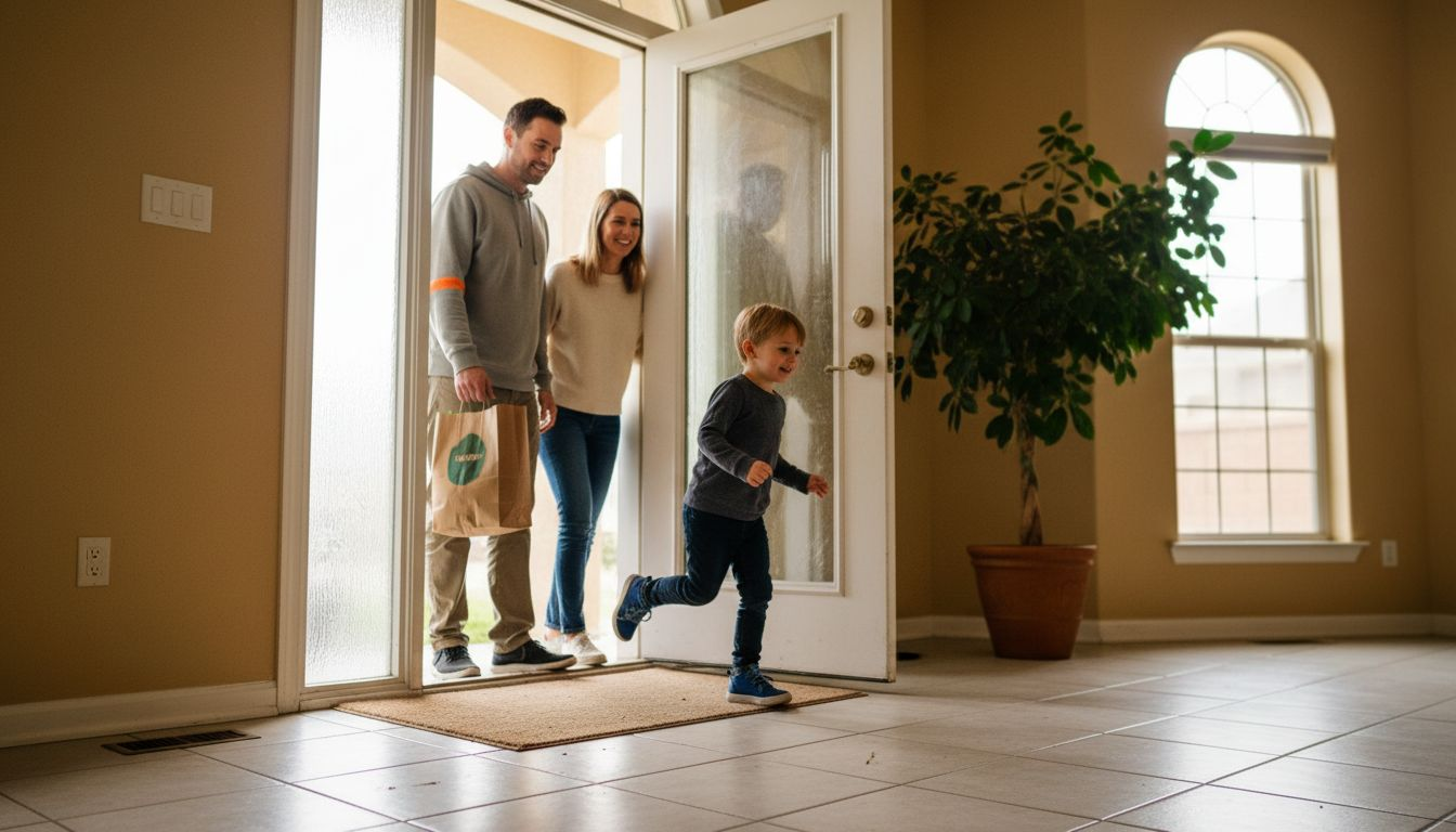 Una famiglia che entra in casa passando attraverso una porta automatica