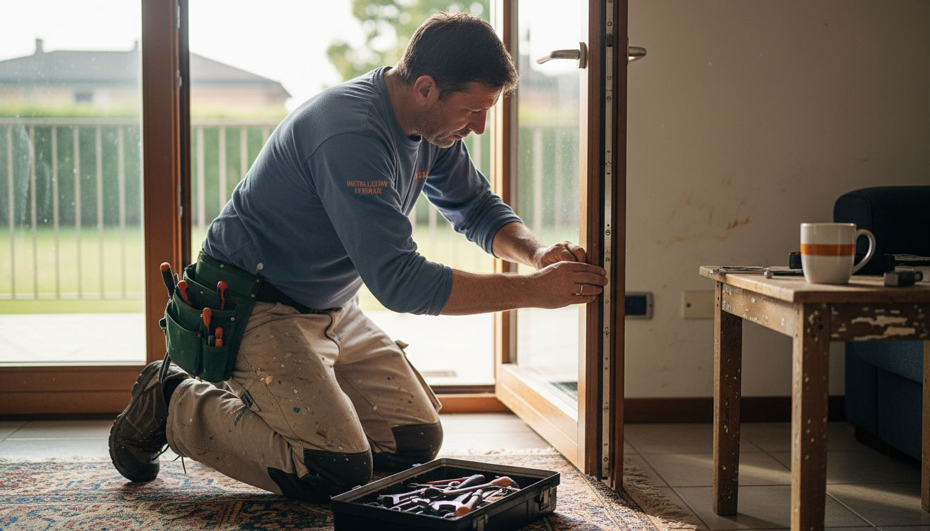 Tecnico al lavoro per regolare una porta blindata in acciaio