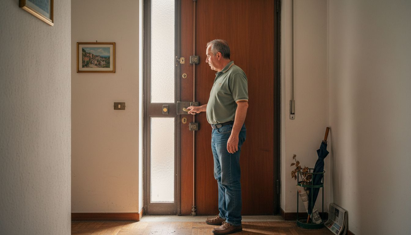Proprietario di casa che controlla la porta interna per assicurarsi che sia ben chiusa