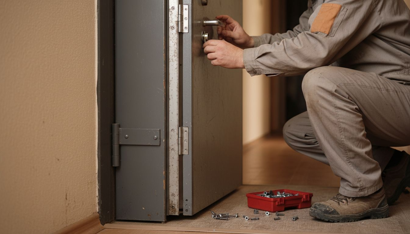 Un tecnico specializzato controlla attentamente i componenti della porta blindata durante un intervento di manutenzione.