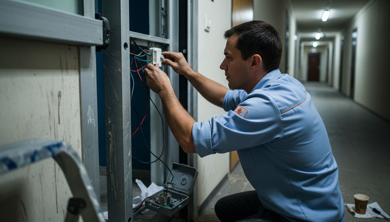 Un tecnico sta montando un sensore su una porta automatica.