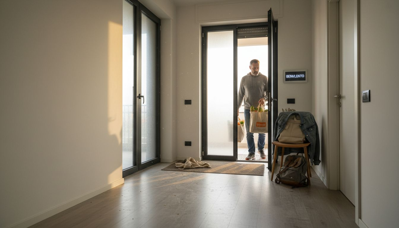 Un uomo con le buste della spesa entra attraverso le porte scorrevoli automatiche