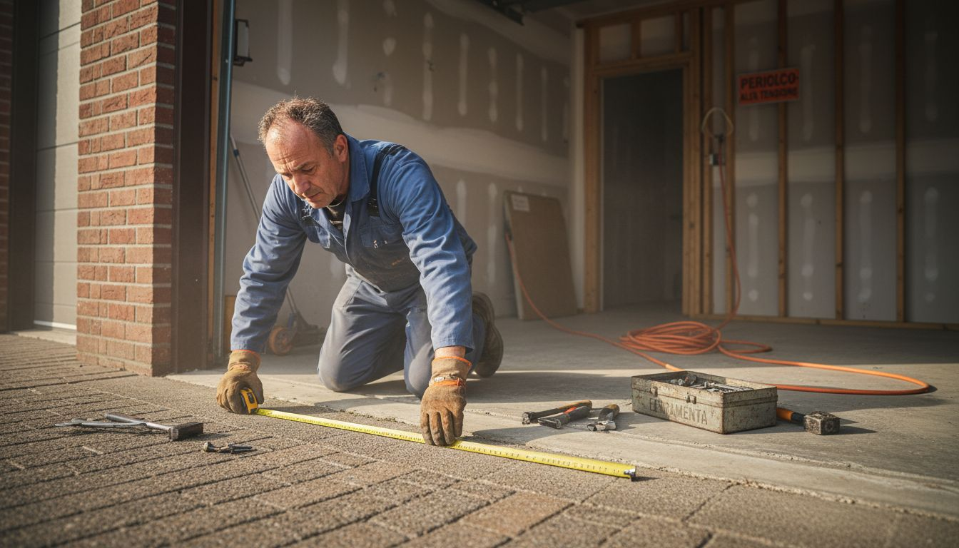 Un tecnico prende le misure per installare una porta da garage su misura.