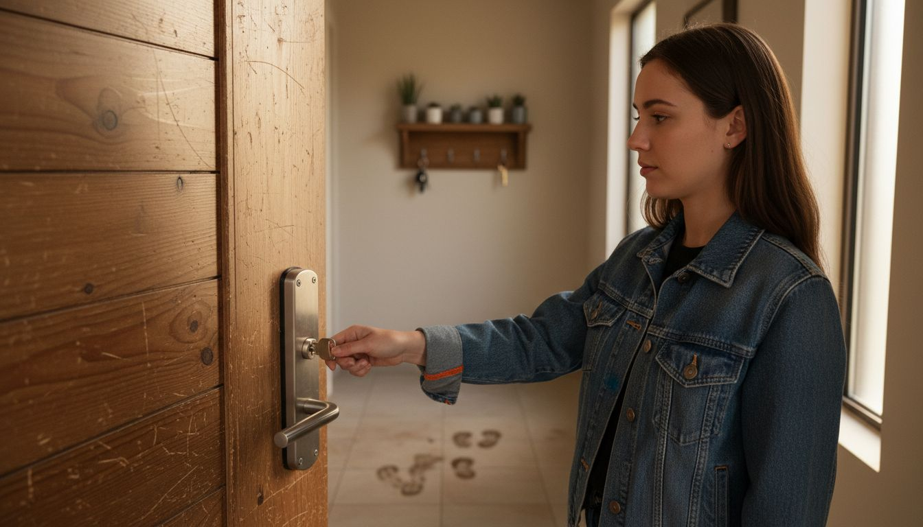 Donna che chiude a chiave una porta blindata rivestita in legno