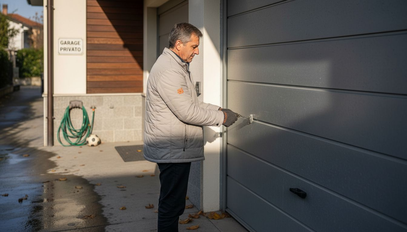 Il proprietario di casa mette in sicurezza la porta sezionale del garage.