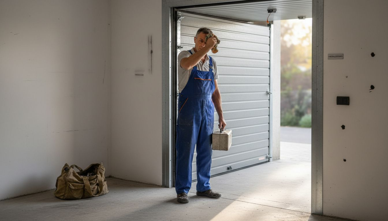 Tecnico al lavoro per montare una porta basculante da garage