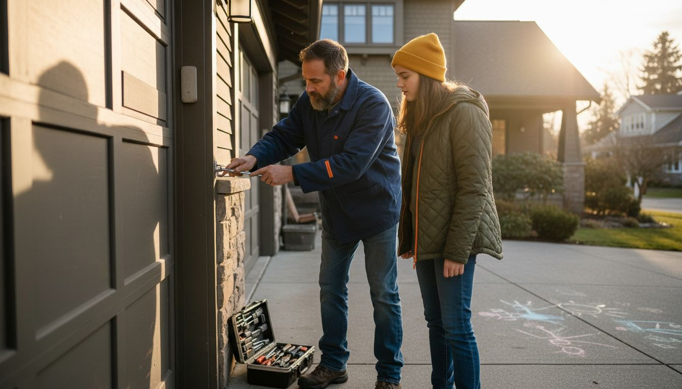 Famiglia che controlla le condizioni della garanzia del portone del garage