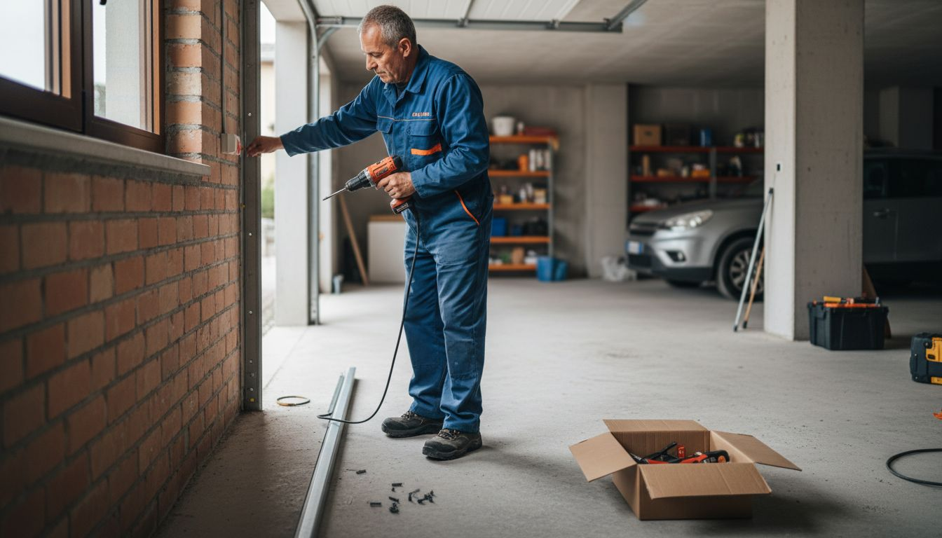 Un tecnico sta montando una porta sezionale nel garage.