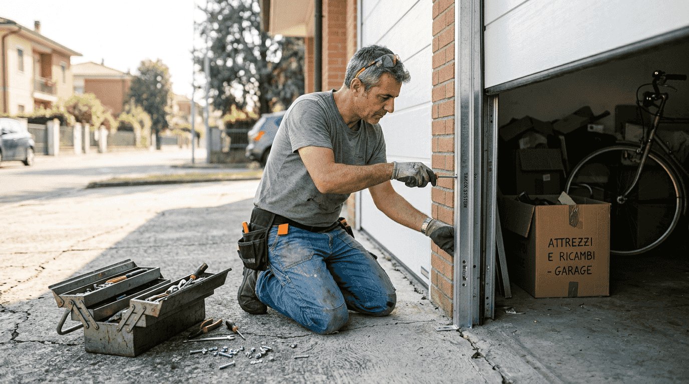 Un tecnico sta installando una porta da garage sicura all’esterno dell’abitazione.