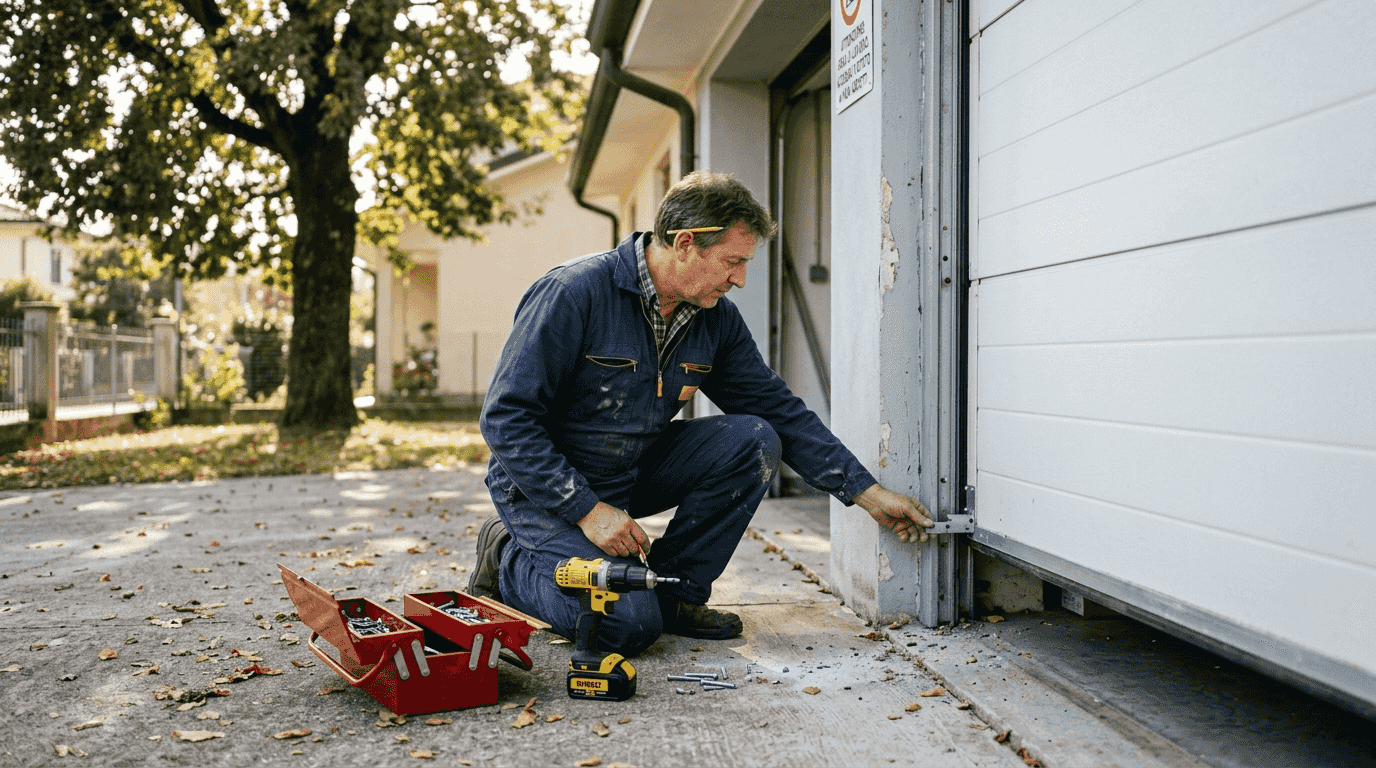 Tecnico che controlla l’installazione di una porta basculante per garage