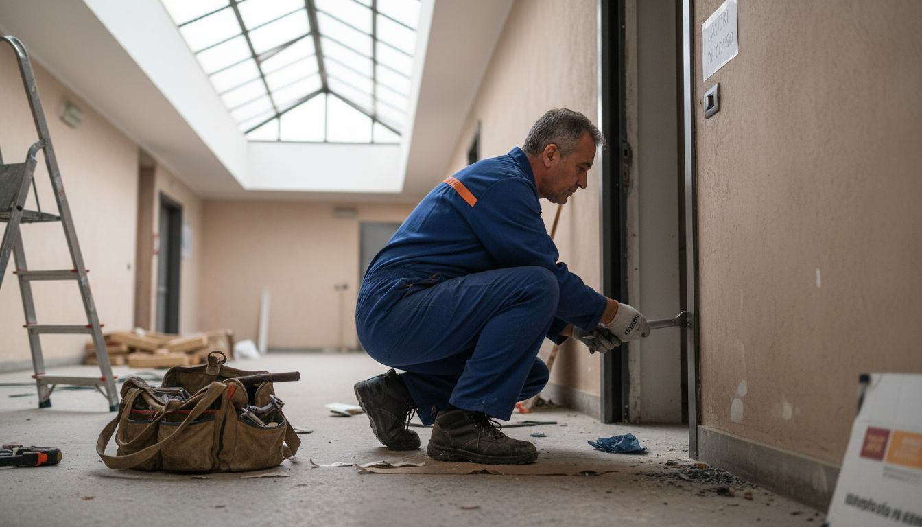 Un tecnico specializzato si occupa dell’installazione di una porta blindata in un condominio abitato.