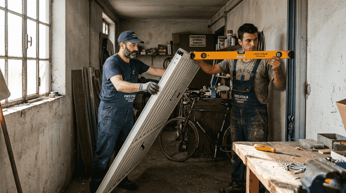 Operai intenti a installare il pannello di una porta da garage sui binari